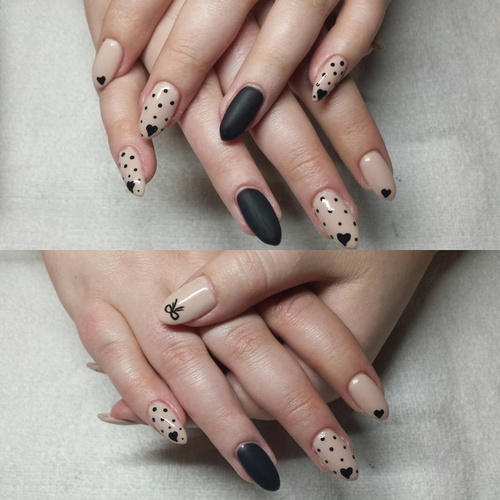 nude-and-black-polka-dot-nails-with-small-hearts