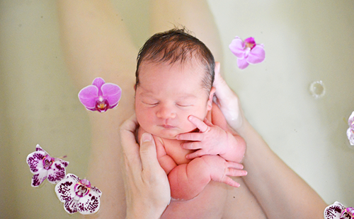 Мама купает малыша в цветочной воде