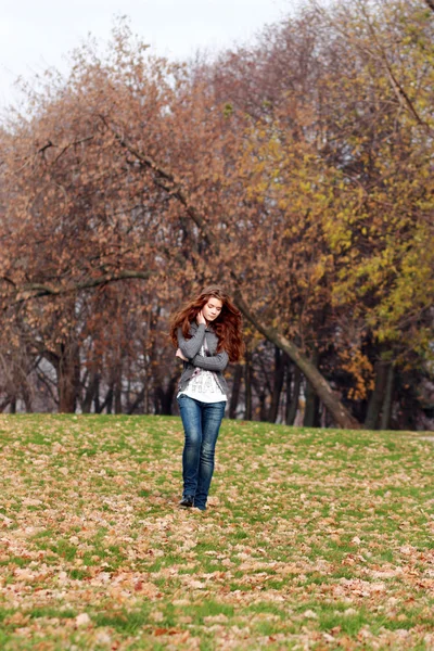 Пешеходные женщина в Осенний парк — стоковое фото