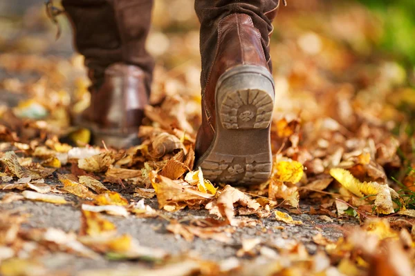 Женщина, ходить на улице полно мертвых листьев — стоковое фото
