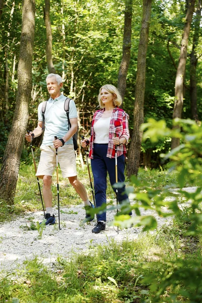 Активные Пожилые супружеские пары, наслаждаясь нордической ходьбой — стоковое фото