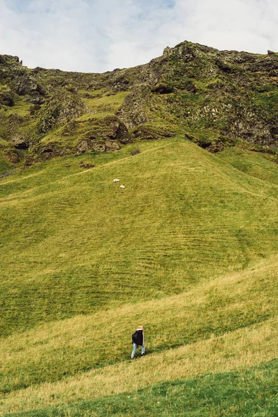 Высокий Угол Зрения Человека Идущего Тропинке Красивый Пейзаж Исландии — стоковое фото